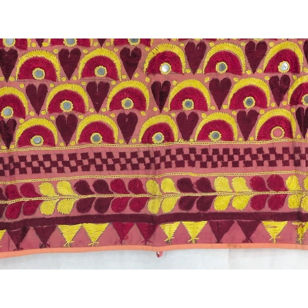 VTG Mirror Work Wall Hanging Embroidered Pink Red Hearts Tapestry India 32